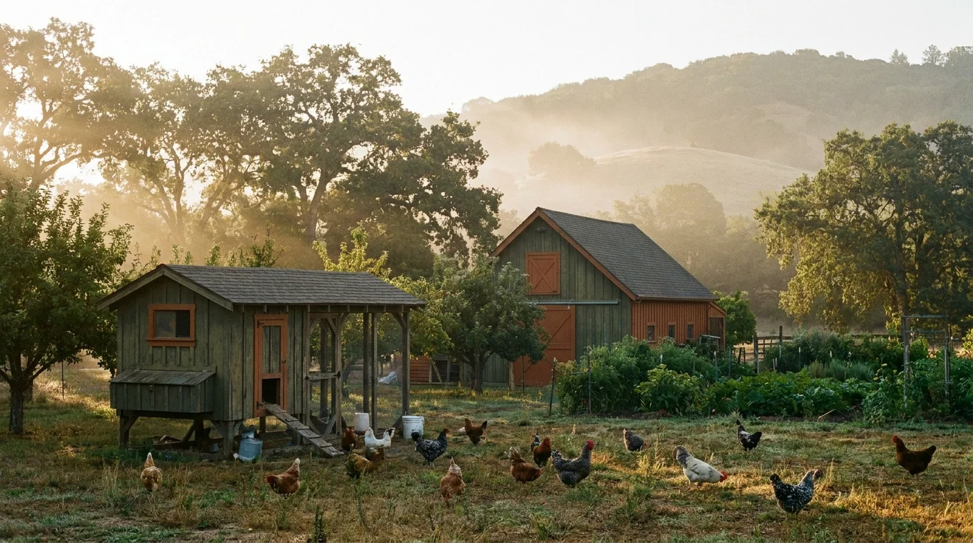 Backyard flock free-ranging beside a wooden coop at sunrise